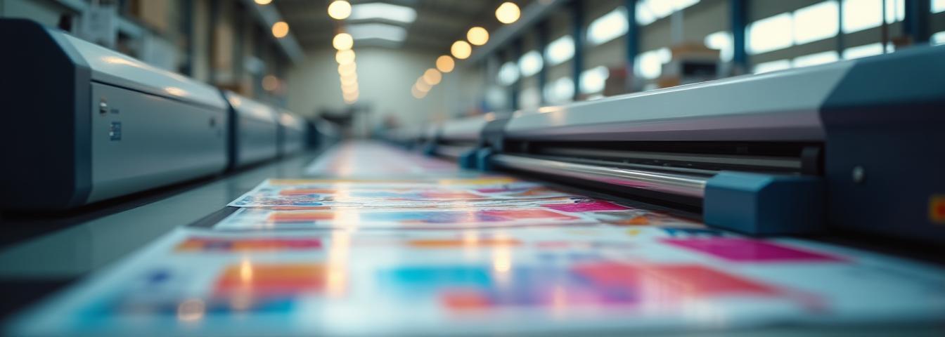 Professional print shop with digital machines and vibrant samples on display