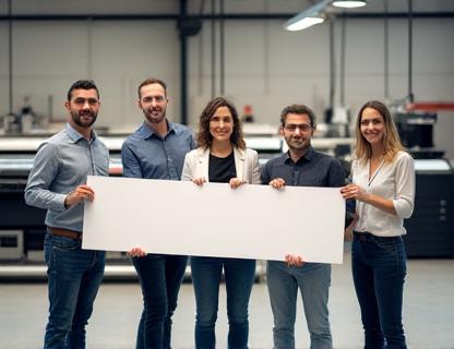 Team holding large printed banner